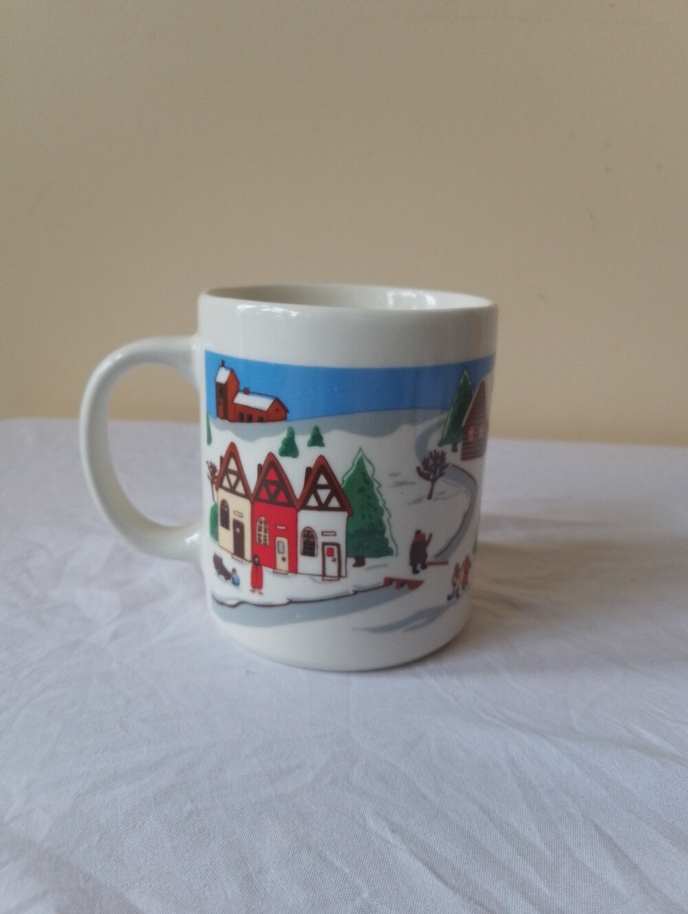 vintage Ceramic Mug with Winter Village Illustration